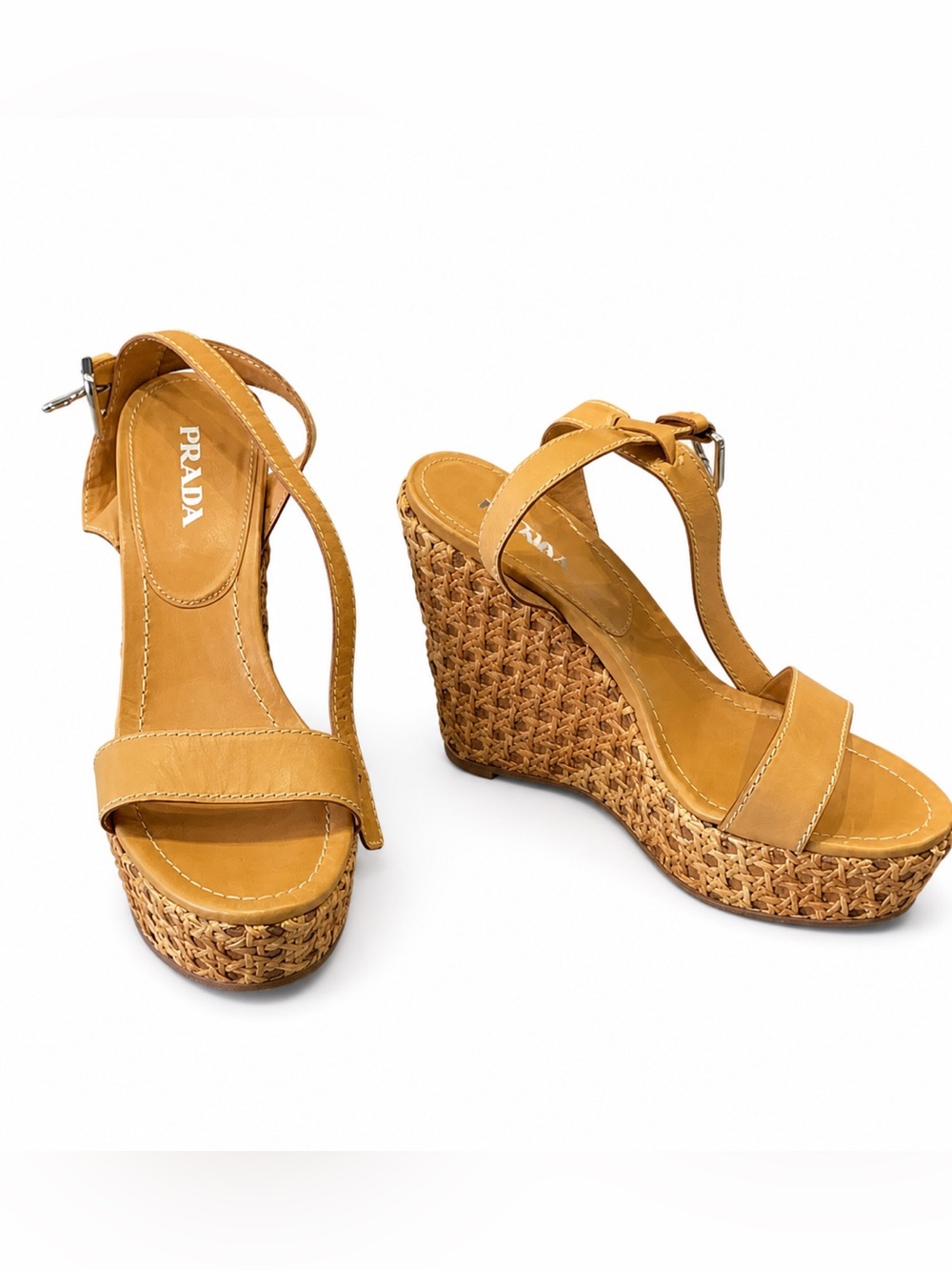 Prada Tan Woven Leather Platform Wedge Sandals